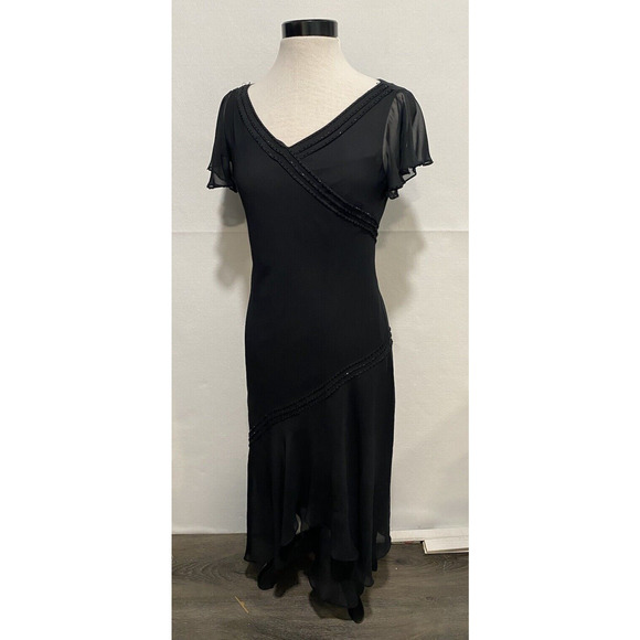 Women's Asymmetric Beaded Black Flutter Sleeve Handkerchief Maxi Dress‎ Sz 6 - Picture 1 of 12